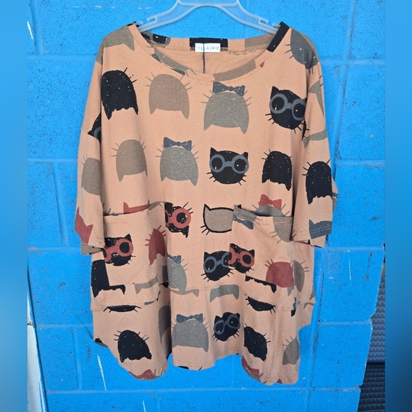 EllaZhu Brown Cat Short SleeveBaggy Tunic Shirt Womens Size One Size - Picture 5 of 12